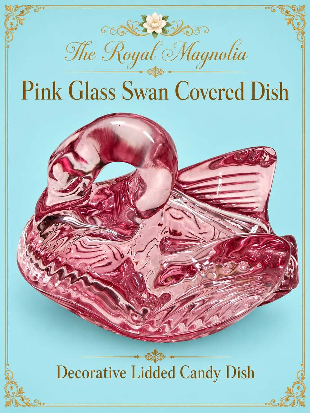 Pink Glass Swan Covered Dish Decorative Lidded Candy Dish